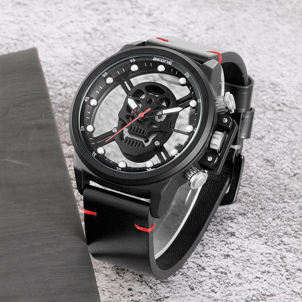 Luxuriöse 3D-Totenkopf-Armbanduhr für Herren, echtes Leder