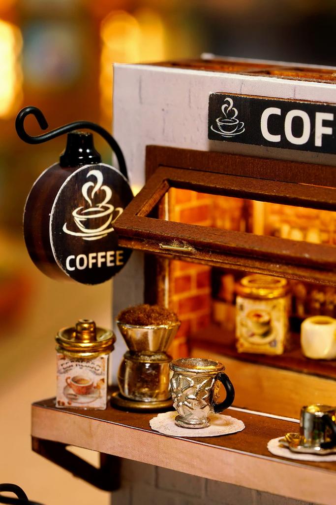 CUTEROOM Miniature Dollhouse Model Cafe with LED DIY Birthday Home Decoration for Family and Friends Kit, House, Lights, Craft, Gift, (QT048)