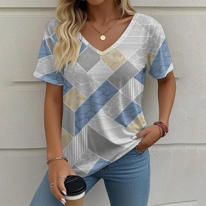 Women's V-neck Short Sleeved 3D T-shirt Checkered Print Summer Clothing Striped Women's T-shirt Street Top