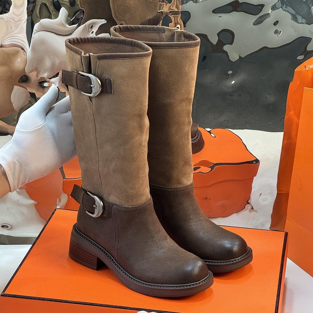 Color Matching Pleated Stacking Boots Women's Autumn and Winter New Long Tube Maillard High Boots Big Tube Circumference Western Cowboy Knight Boots