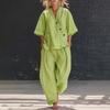 Damen 2-teilige Outfits Lässiges Knopfleisten-Kurzarm-V-Ausschnitt-Oberteil und Lange Hosen Lounge-Set mit Taschen Sommer Locker Passende Sets