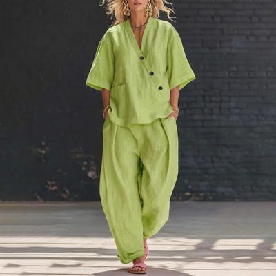 Women 2 Piece Outfits Casual Button Short Sleeve V Neck Top And Long Pants Lounge Set with Pockets Summer Loose Matching Sets