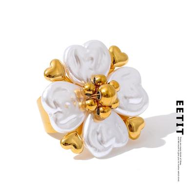 #7 Stainless Steel Imitation Pearls Flower Golden Handmade PVD Ring Trending Metal Fashion Elegance Popular Jewelry Gift