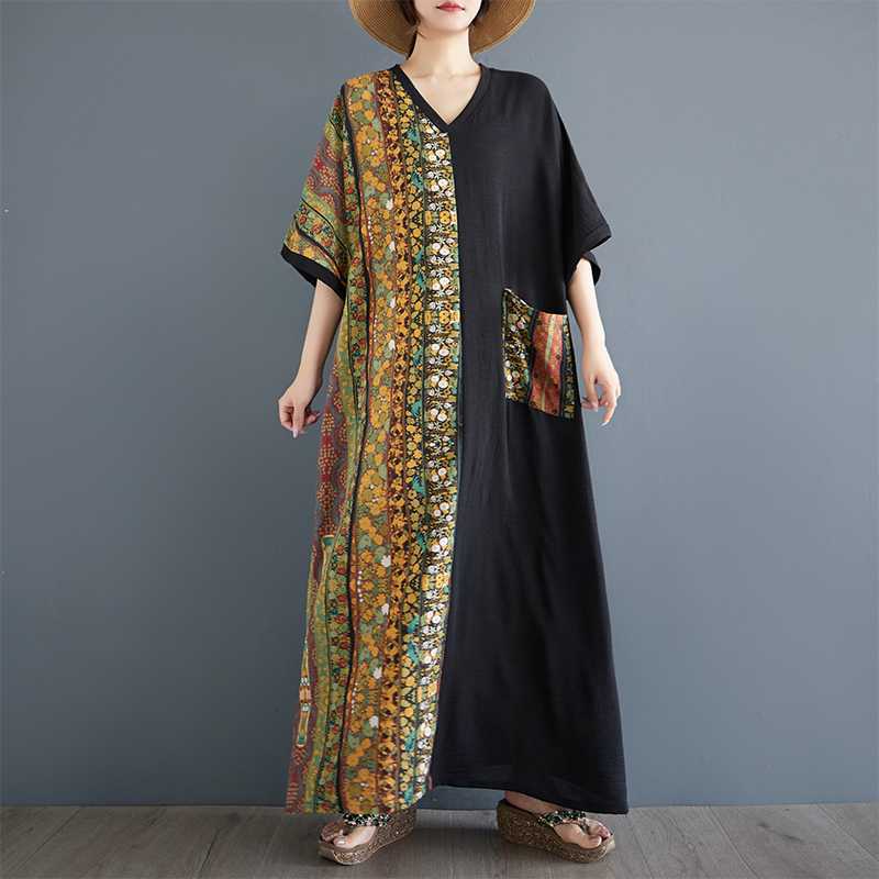 Summer Cotton and Linen Printed Contrasting Dress, Women's Casual Dress