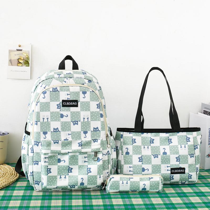 Three-Piece Backpack Set Large Capacity Student Schoolbag Junior High School Student Checkerboard Backpack with Lunch Bag Pen Bag