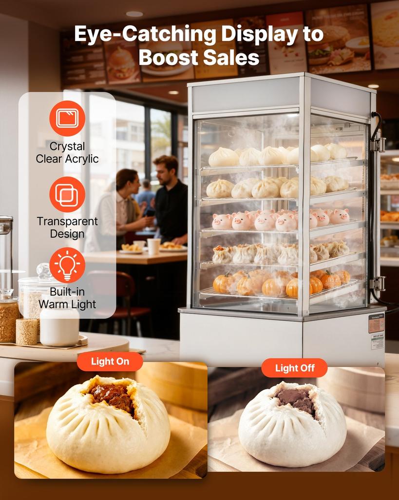 5-Tier Commercial Food Warmer Display, 1200W Food Display Warmer with LED Light, Adjustable Shelf & Stainless Steel Frame, 30~110 Steam Heating, 120L
