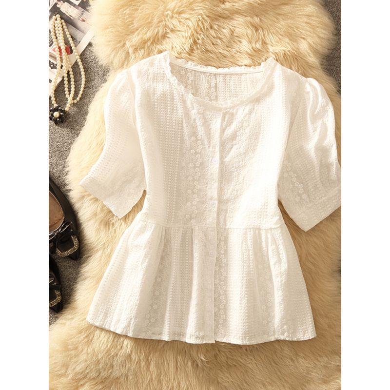 

2025 Summer Clothing New Short Sleeve French Gentle Ruffles Doll Shirt Plaid Stringy Selvedge round Neck Women s Shirt Fashion White S