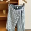 Korean Lace Embroidered Waistband Tulle Skirt with Layered Scarf Accessory
