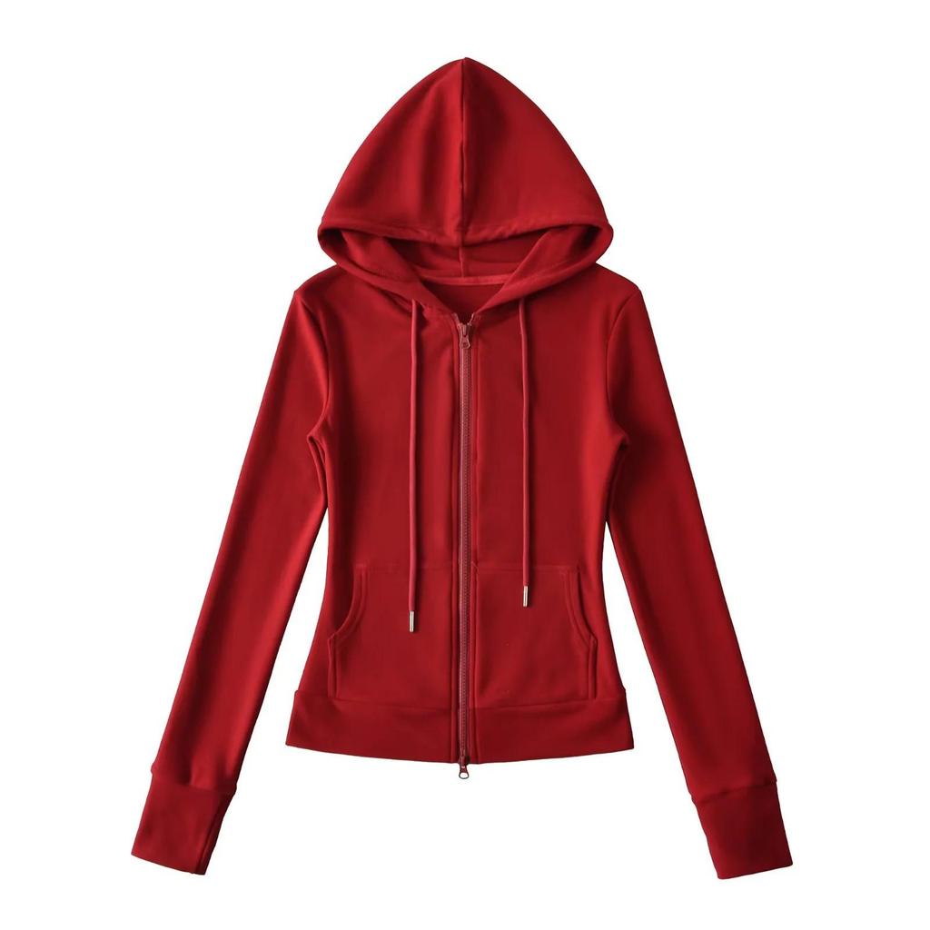 Women's American-Style Slim Fit Thermal Fleece Hoodie with Double Zippers & Large Pockets for Autumn/Winter Yoga