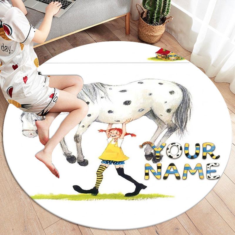 Pippi Longstocking Custom Name Round Area Rug,Carpet Rug for Living Room Bedroom Sofa Playroom Decor,Non-slip Floor Mat