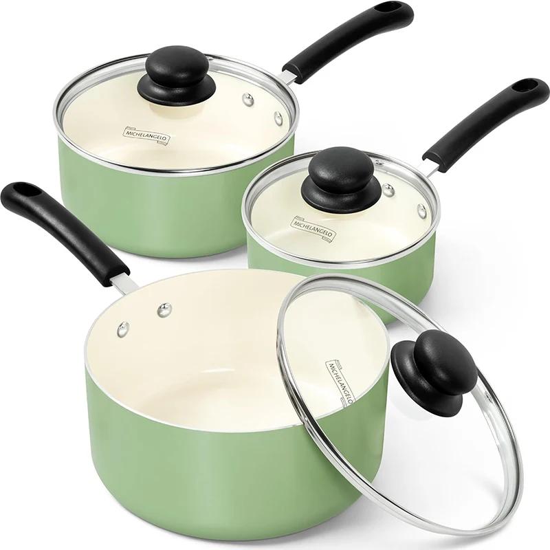 

MICHELANGELO Nonstick Sauce Pan with Lid Ceramic Saucepan Set with Stay-Cool Handle Induction Pot for Kitchen Cooking Non Toxic светло-зеленый