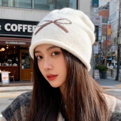 Autumn and Winter Retro Hats for Women Bow Knot Caps  Big Head Circumference Face Showing Small Pile Hats  Knitted Warm and Cold Hats