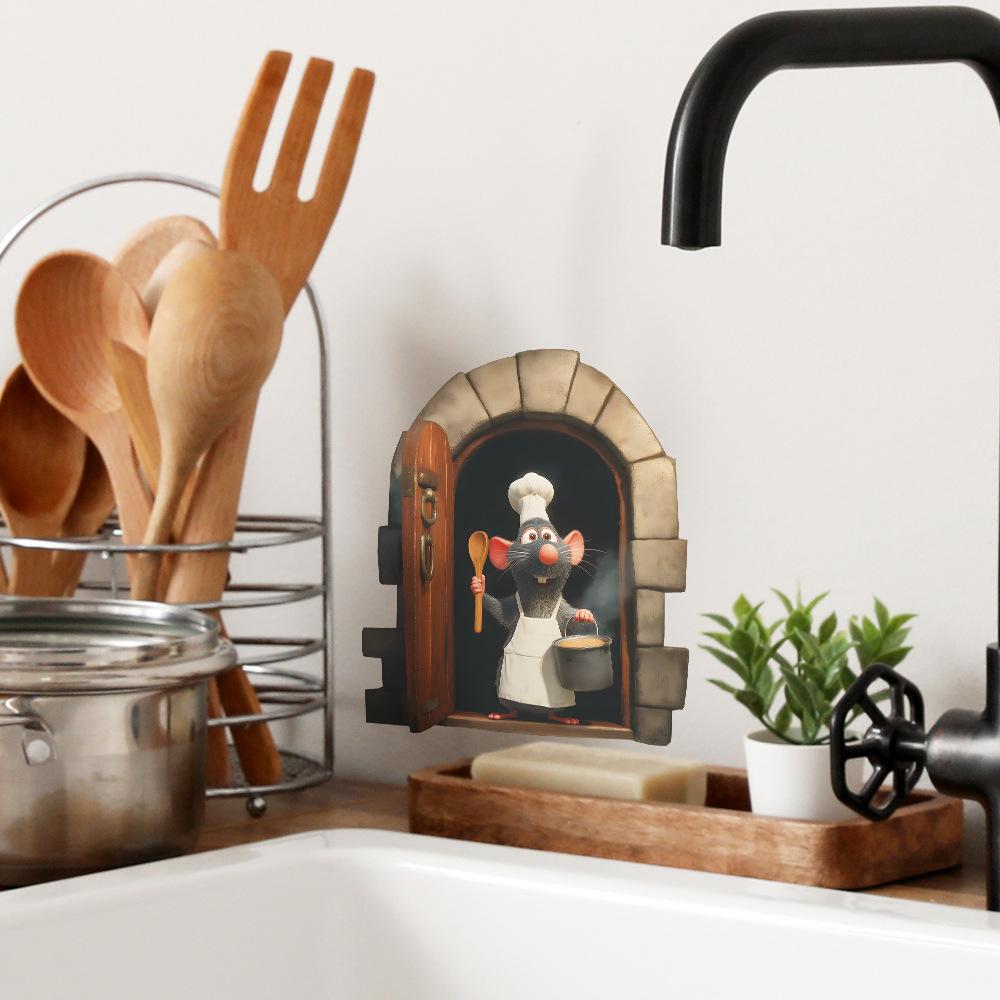 Cartoon Chef Mouse at Mouse Hole Wall Sticker for Kitchen Dining Room Home Decor Self-Adhesive Removable Decal