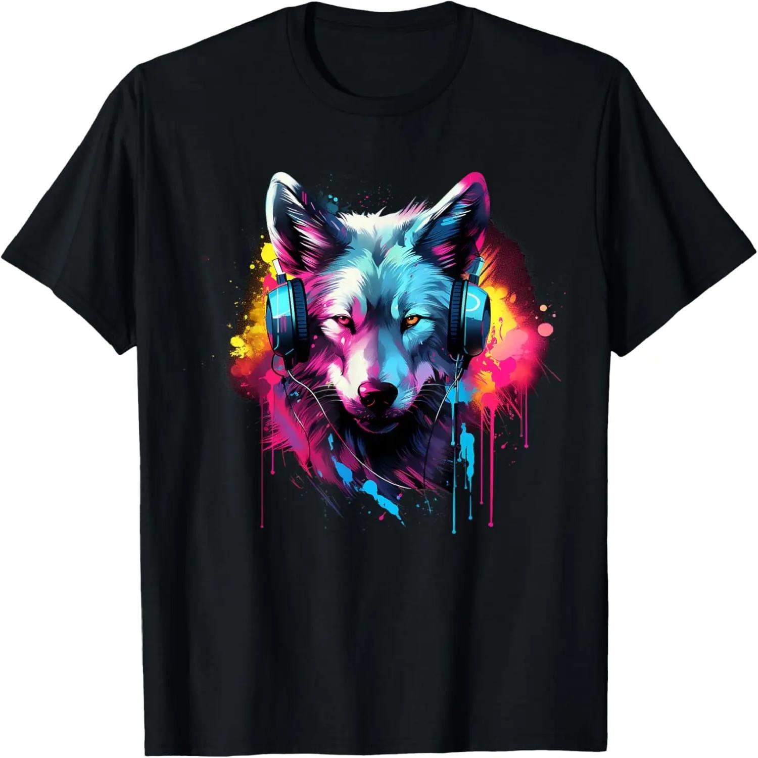 Colorful Cool Wolf Dj Headphones Music for Wolf Face Lover T-Shirt S