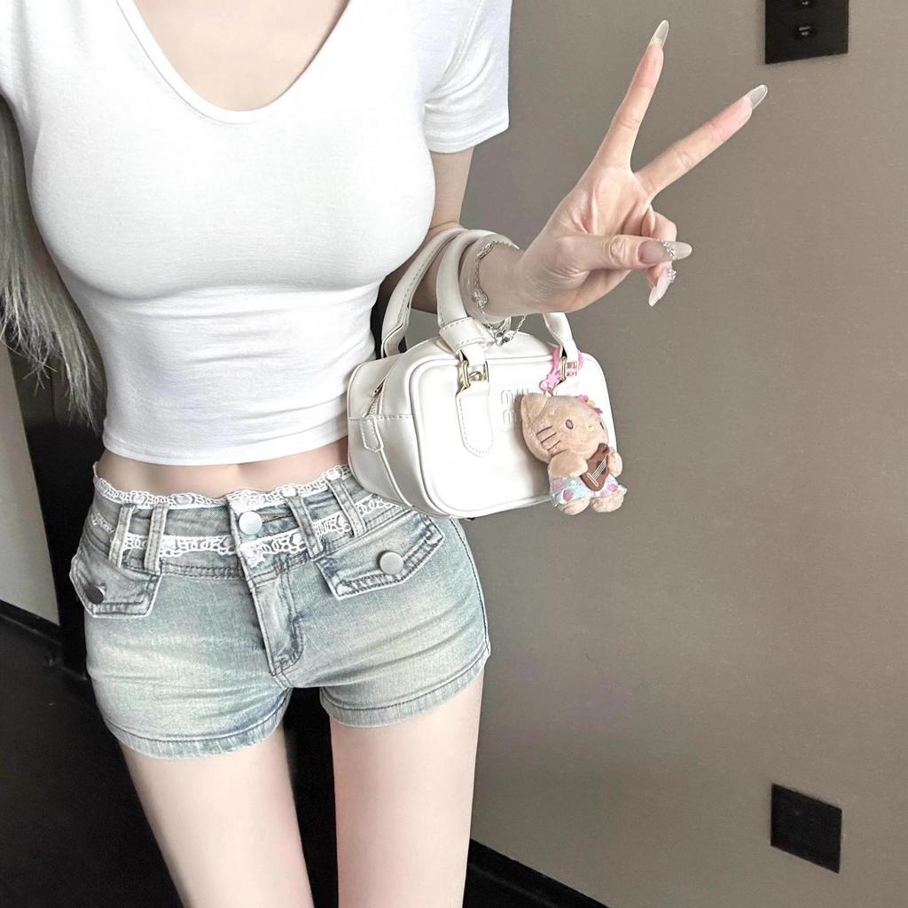 Petite Sexy Lace Patchwork Denim Shorts - Women's Low-Waisted Hip-Hugging Spring/Summer Style