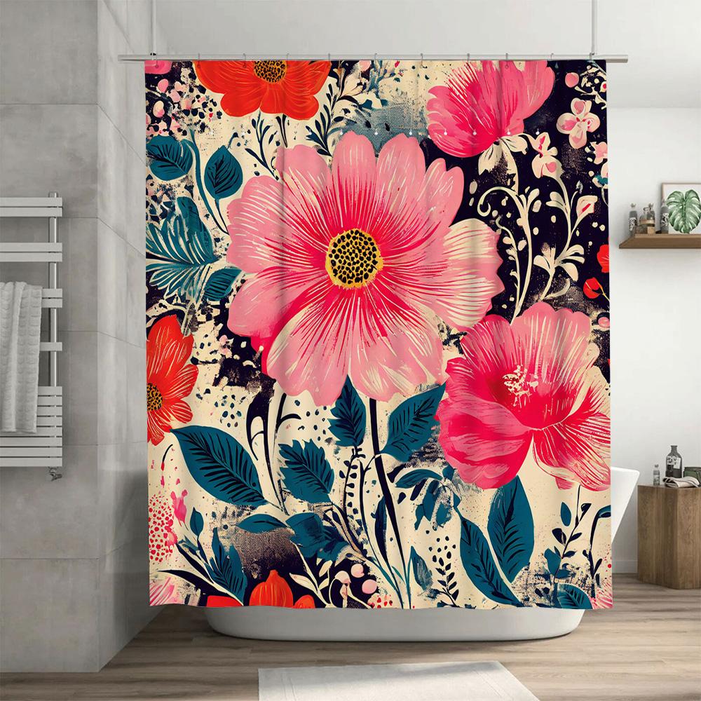 Vibrant Bloom Shower Curtain Floral Decor for Your Bathroom Waterproof Fabric with Rods Pink Red Flowers Design