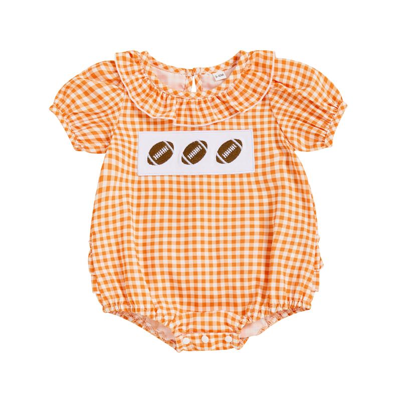 

Newborn Baby Girl Plaid Romper Summer Rugby Embroidery Round Neck Short Sleeve Jumpsuit Baby Clothes 12-18M помаранчевий