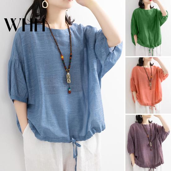 Loose Fit Women Top Summer Casual T-shirt O-Neck 3/4 Batwing Sleeve Pullover Round Neck Three-quarter Tops Solid Color Blouse Streetwear