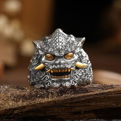 Tang Lion Mens Rings Retro Domineering Stereoscopic Embossed Design Neutral Style Ring Banquet Jewelry Adjustable