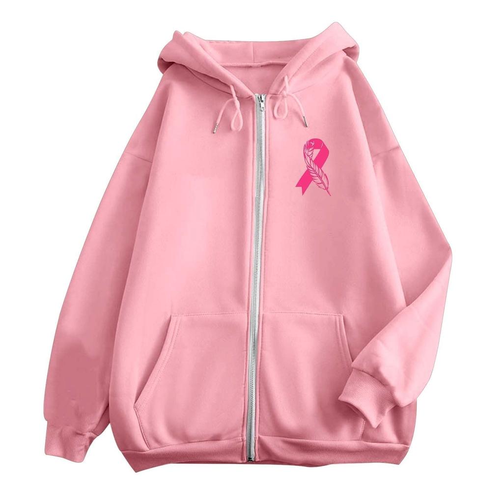 Women's Breast Sweatshirt Ribbon Breast Long Sleeve Hooded Pocket Casual Sweatshirt Jacket