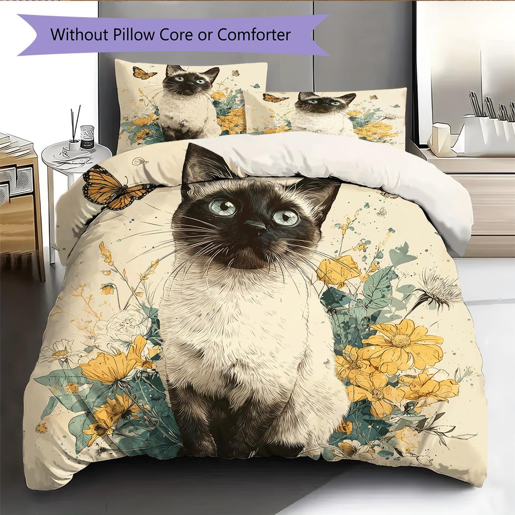 Siamese Cat and Plants Pattern Bedding Home Decoration Birthday Gift (1 * Duvet Cover + 2 * Pillowcase, Without Core)