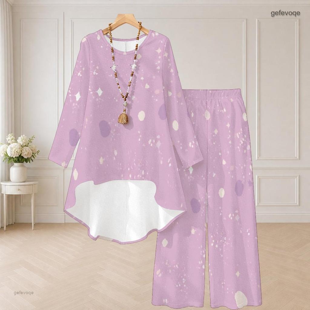 Women Plus Size Round Neck Long Sleeve High Low Top Wide Leg Pants Black Blue Printed Two Piece Set