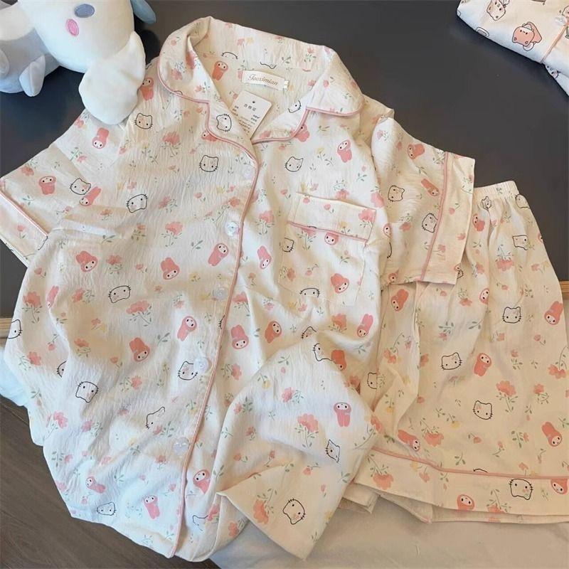 Women's Summer Cotton Pajama Set - Sweet Cardigan, Short Sleeve Top, and Shorts for Home Wear