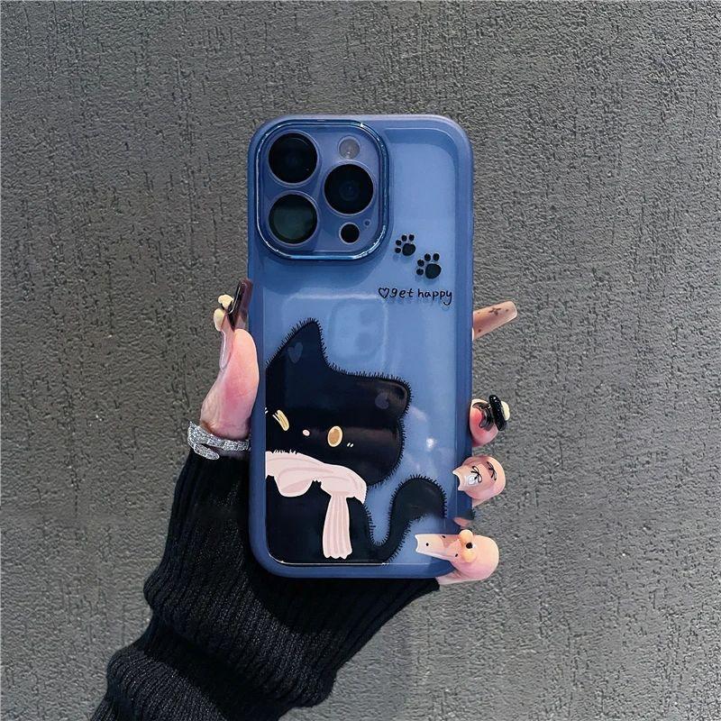 Scarf Black Cat for Apple 17pro Phone Case for IPhone 16pm Metal Frame 15 Creative 14plus