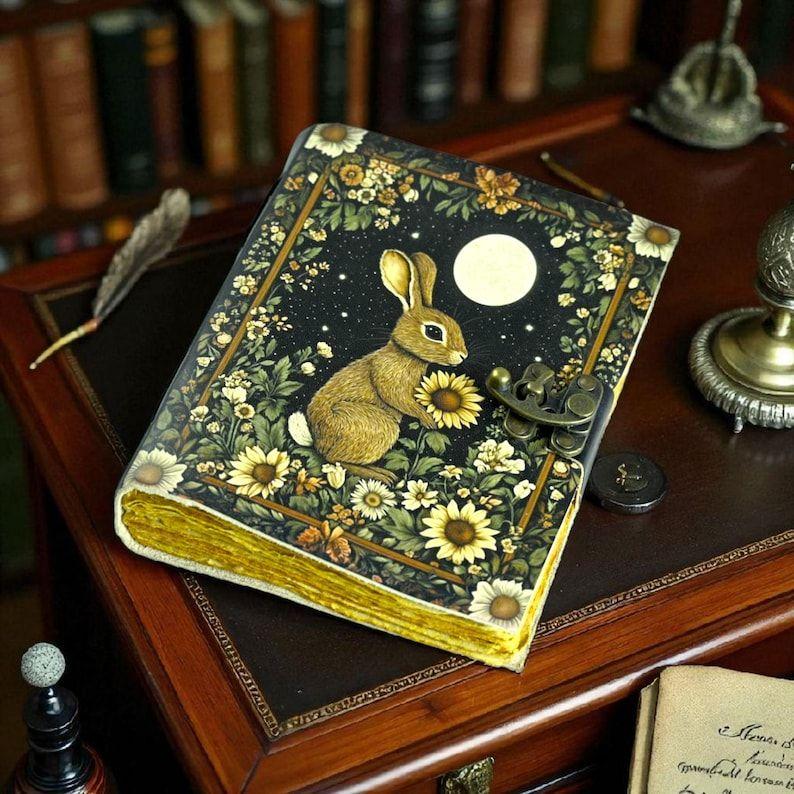 Leather Bunny Grimoire: Vintage Spell Book of Shadows with Deckle Edge