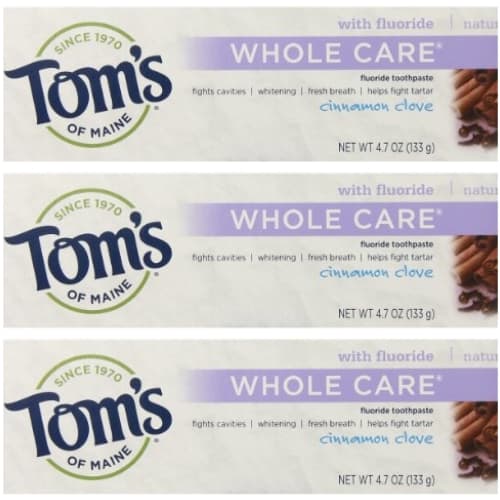 

Tom s of Maine Natural Toothpaste Whole Care with Fluoride, Cinnamon Clove, 4.7 oz (Pack of 3)