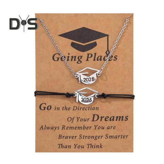 

Комплект ювелирных изделий на выпускной 2025 года, ожерелье из нержавеющей стали, браслет, набор с карточкой, подарки на выпускной 2025 года для друзей серебряный