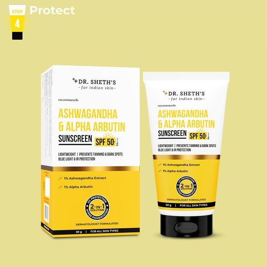 Dr. Sheth's Ashwagandha & Alpha Arbutin Sunscreen SPF 50+ PA++++ | 2 in 1 Solution for Hyper Pigmentation | 50g For All Skin Type