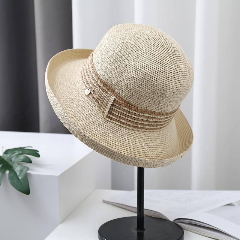Sun Hat Women's Summer Crimped Straw Hat British Retro Black Sunscreen Hat Travel Foldable Sun Hat Tide