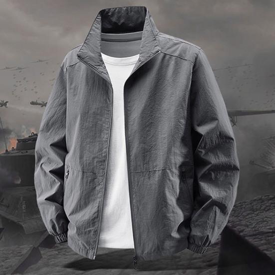 Herren Jacke Stehkragen Langarm Reißverschlussleiste Frühling Herbst Mantel mit Taschen Einfarbig Lockere Passform Vielseitige Oberbekleidung