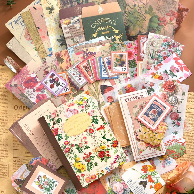 Retro Floral Imprint Greeting Journal Gift Box with English Stickers