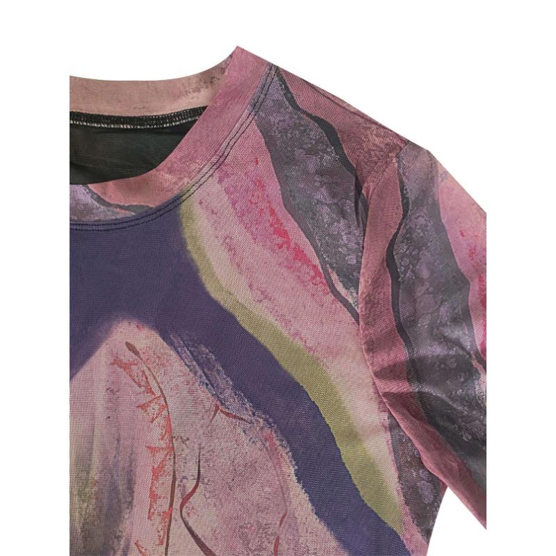 Abstract Print Crew Neck T-Shirt, Vintage Long Sleeve T-Shirt For Spring & Fall, Women's Clothing