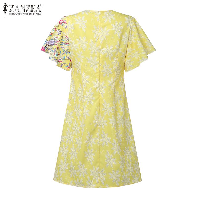ZANZEA Women Summer Round Neck Ruffles Short Sleeve Casual Print Dress
