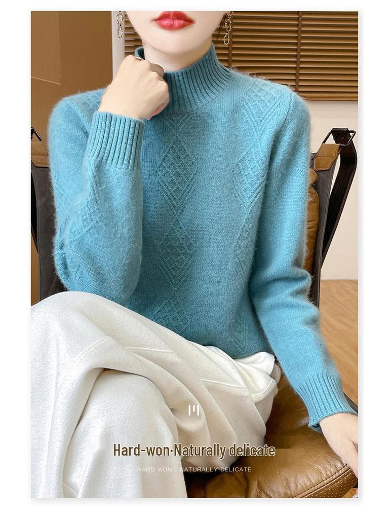 Women's Diamond Pattern Wool Pullover - Semi-High Neck, Thick, Autumn/Winter Knit