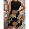 Women's Fashionable Casual Color Blocked Printed Sleeveless Waist Dress In Large Size