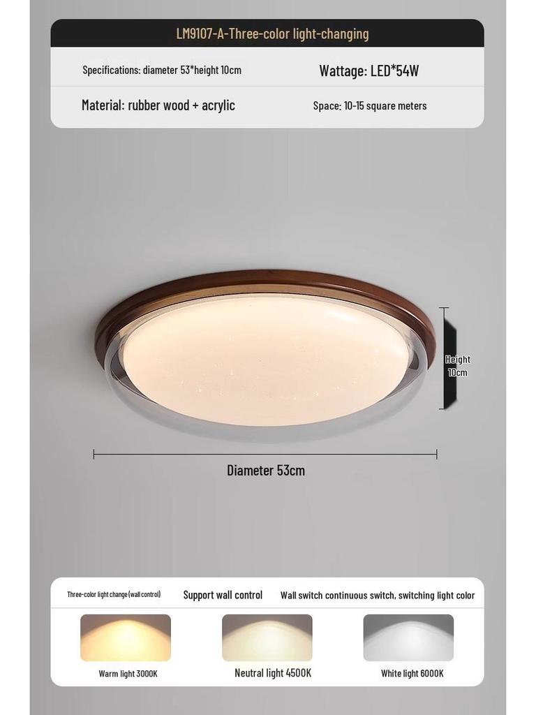 "Walnut Finish Full Spectrum Ceiling Lamp: Designer Round Bedroom & Study Light"