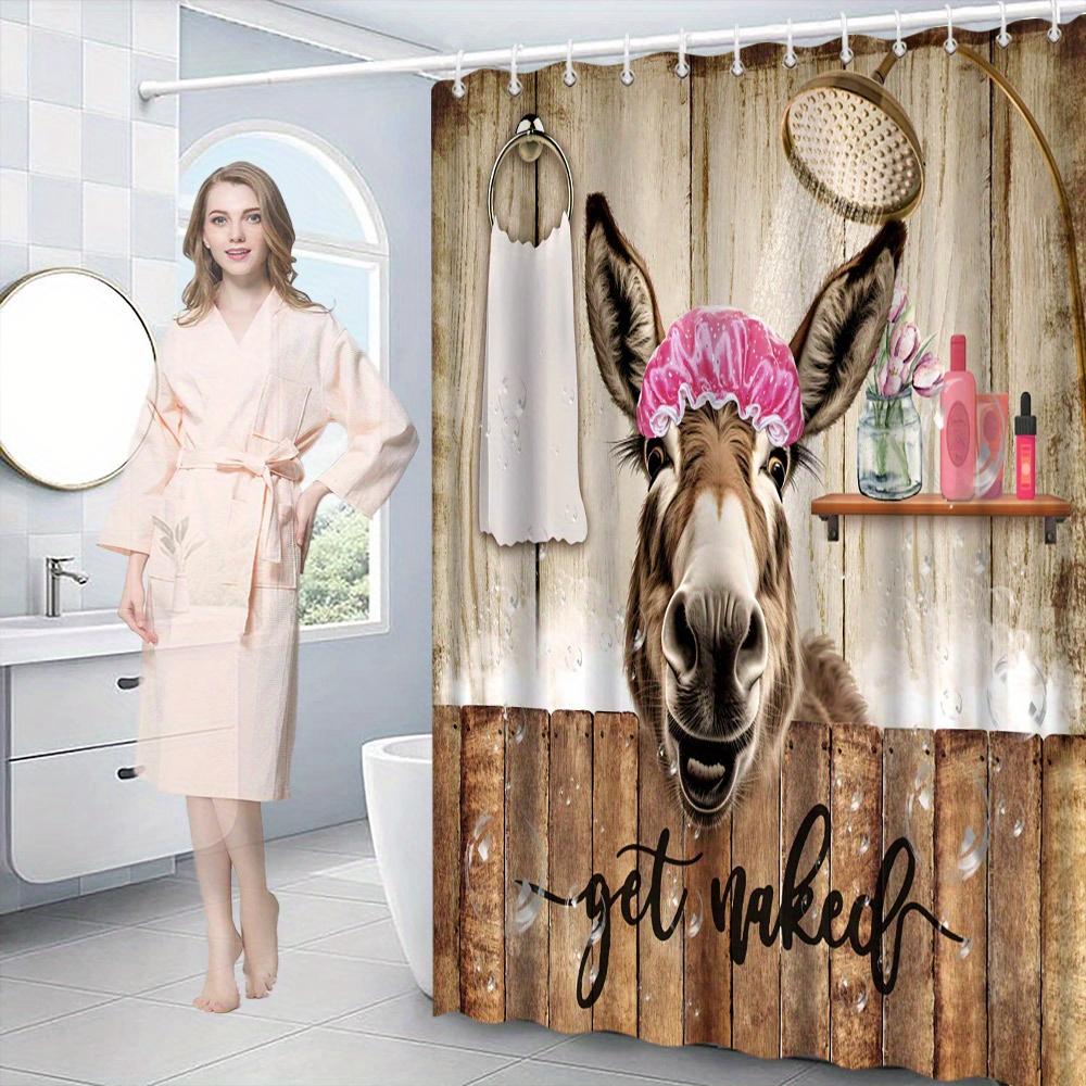 Whimsical Donkey Bathing Shower Curtain with Rustic Wooden Background -Fun"GET NAKED"Design, Perfect for Playful Bathroom Decor