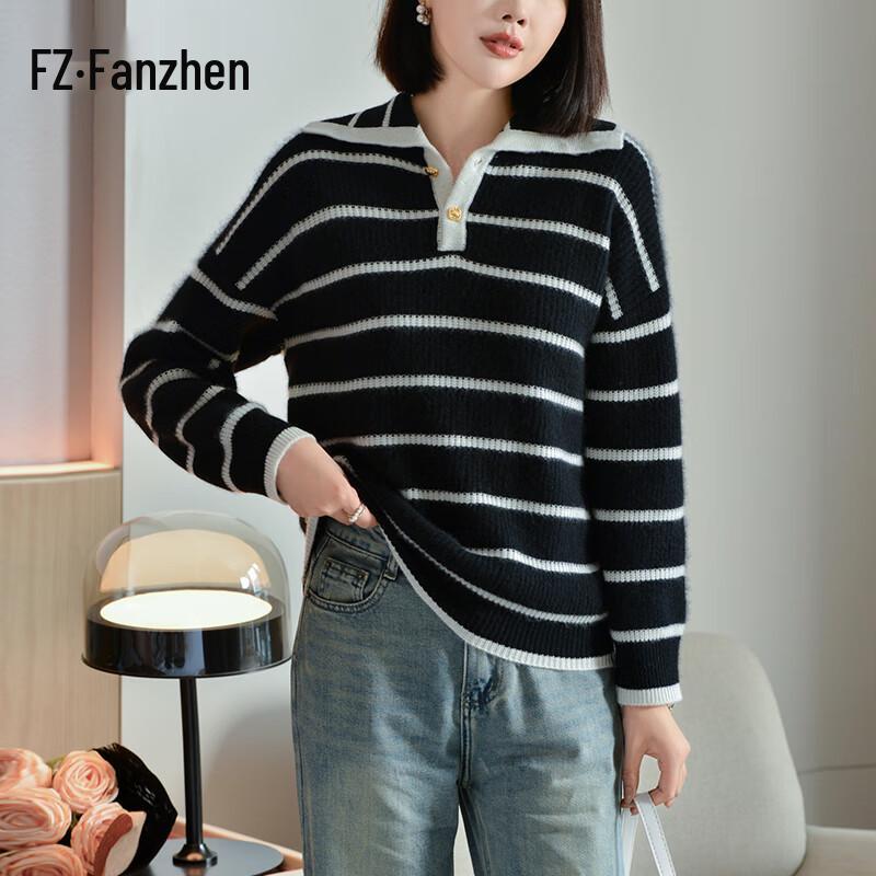 Fanzhen Women s 100% Wool Thickened Striped Lapel Sweater S