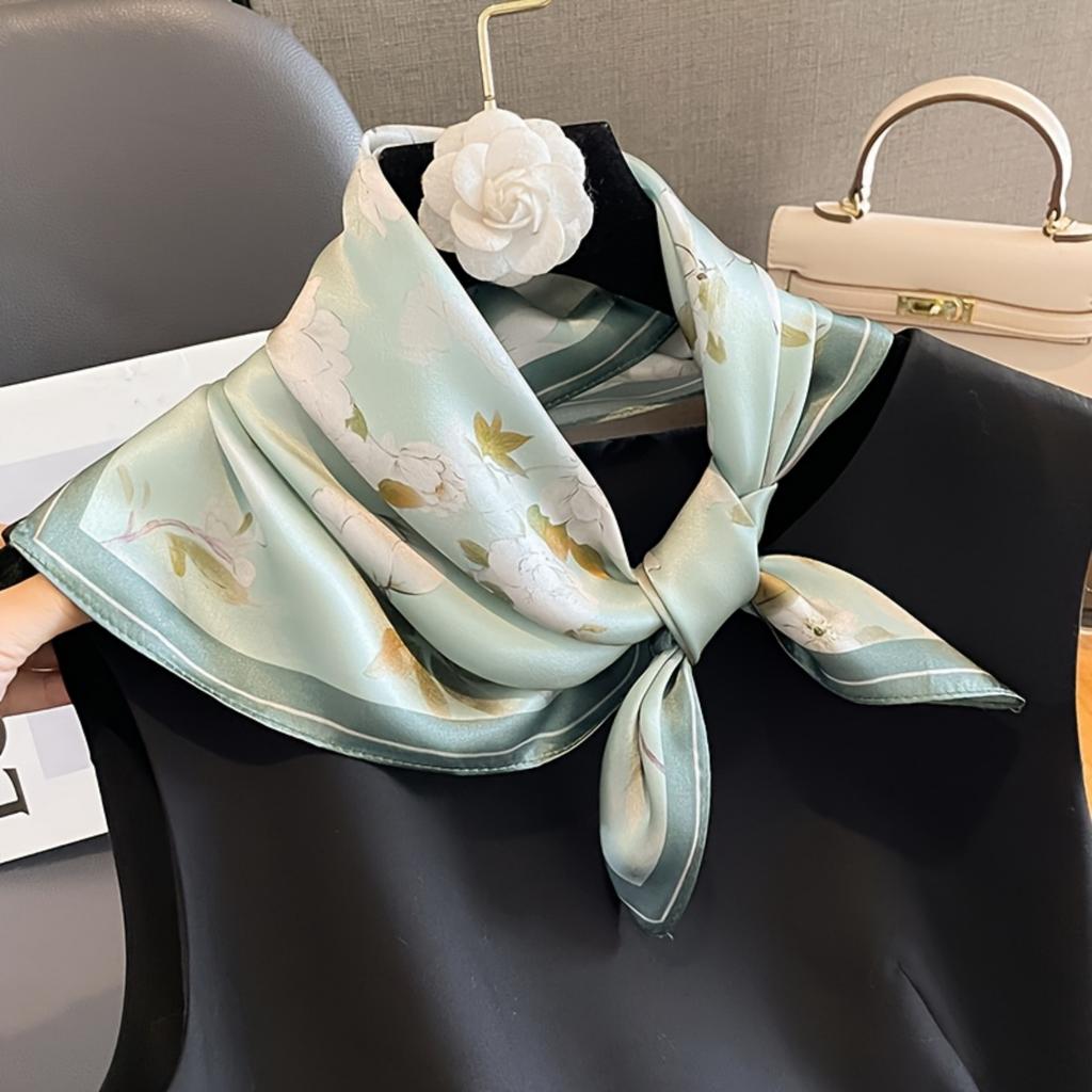 1pc Chic Silk-Like Scarf, Light Green Floral Design, Perfect for Casual & Formal Looks, Women's Neck Accessory