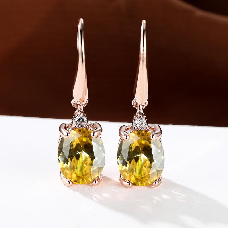

Rose Gold Oval Citrine Long Earrings Diamond Citrine Temperament Earrings Set