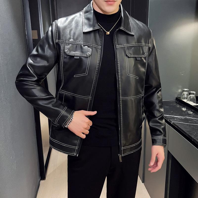 Зимняя эластичная тонкая мужская мотоциклетная куртка из искусственной кожи в стиле ретро с объемными карманами и металлическими пуговицами, мягкая кожаная куртка в рабочем стиле M