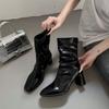 2025 Medium Boots Black Pleated Square Head High Heel New Thick Heel Retro Thin Boots Short Women's Boots French Stacking