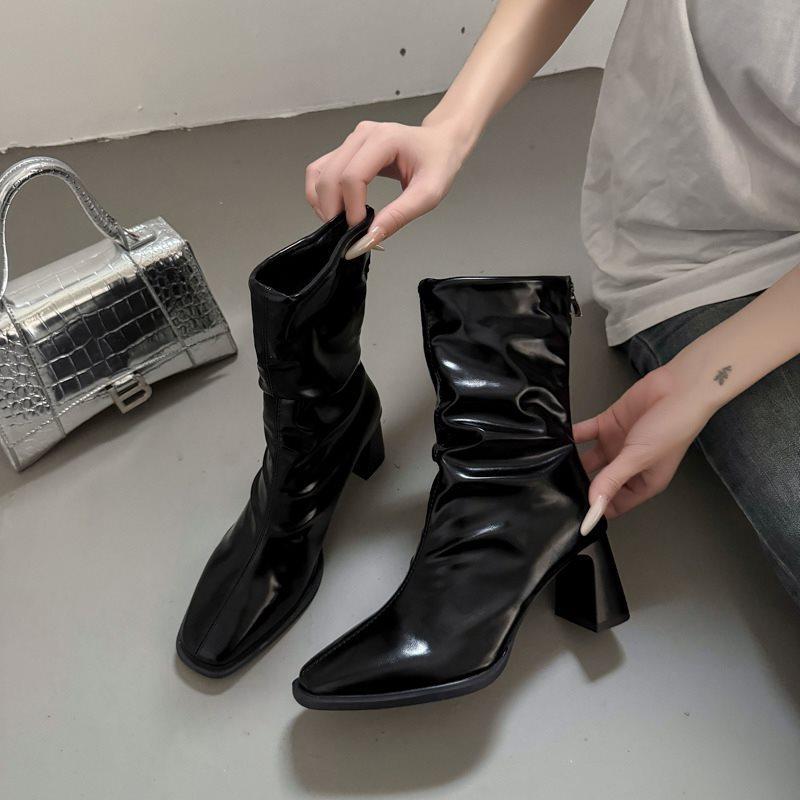 2025 Medium Boots Black Pleated Square Head High Heel New Thick Heel Retro Thin Boots Short Women's Boots French Stacking