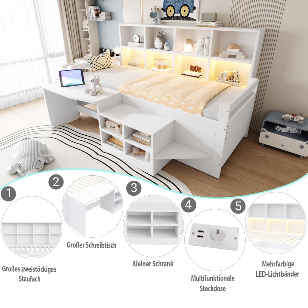 Children's Bed 90×200 Cm, Desk With Storage And Sockets, LED Light Strip And Multi-level Shelves, Single Bed Made Of Solid Wood, Youth Bed, White