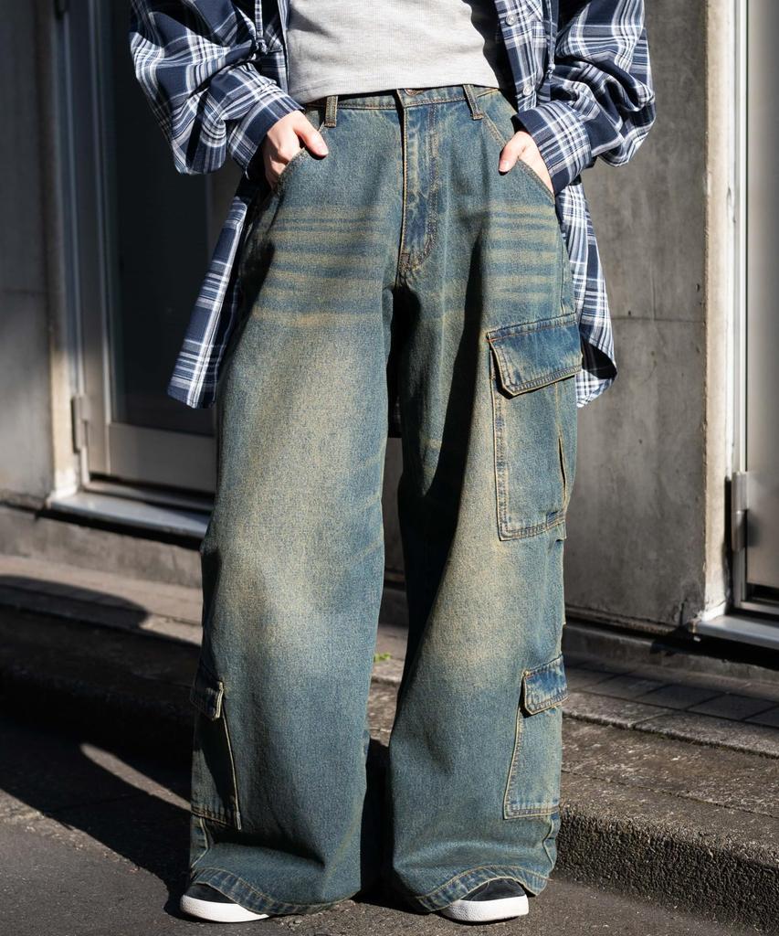 WEGO Vintage Wash Baggy Cargo Korean Dance Size Denim Pants, Wide-Leg Pants, Trousers, Bottoms, Streetwear, Casual, Style, Wear, Spring, Summer,