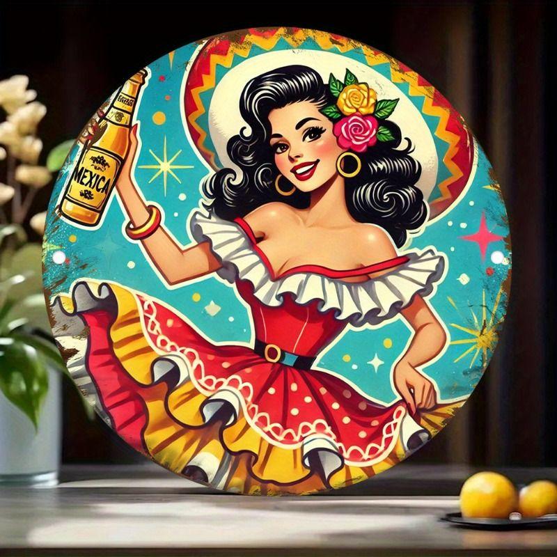 Retro Girl Tin Metal Logo Round Painting for Bar Restaurant